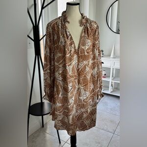 Chic Brown Leaf Pattern Long Sleeve Dress